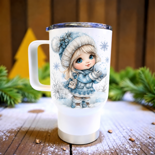Cestovní termohrnek „Zimní holčička se sněhovou koulí“ – 450 ml